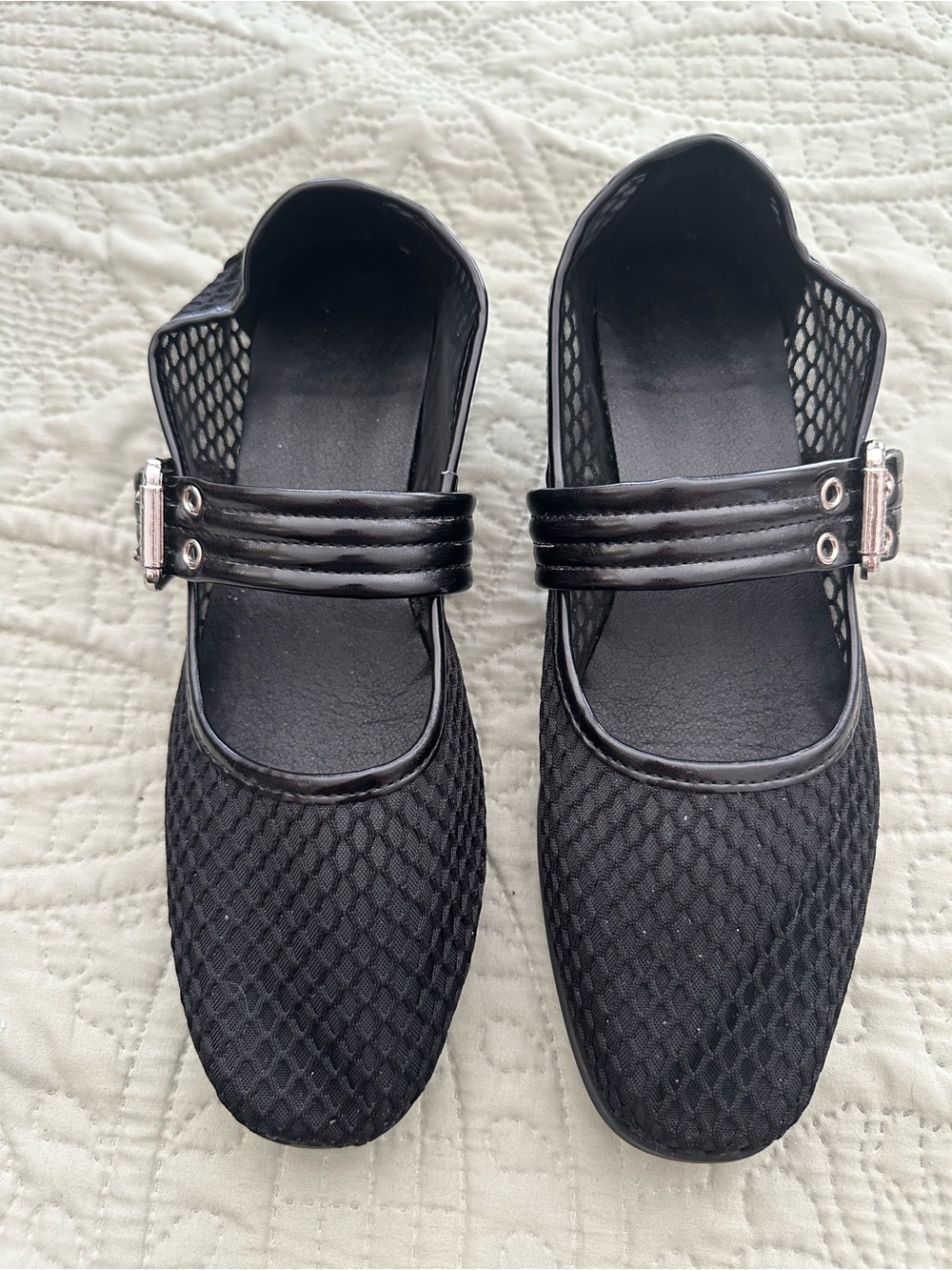 Black Mesh Mary Jane Flats with Buckle Strap Sz 9.5